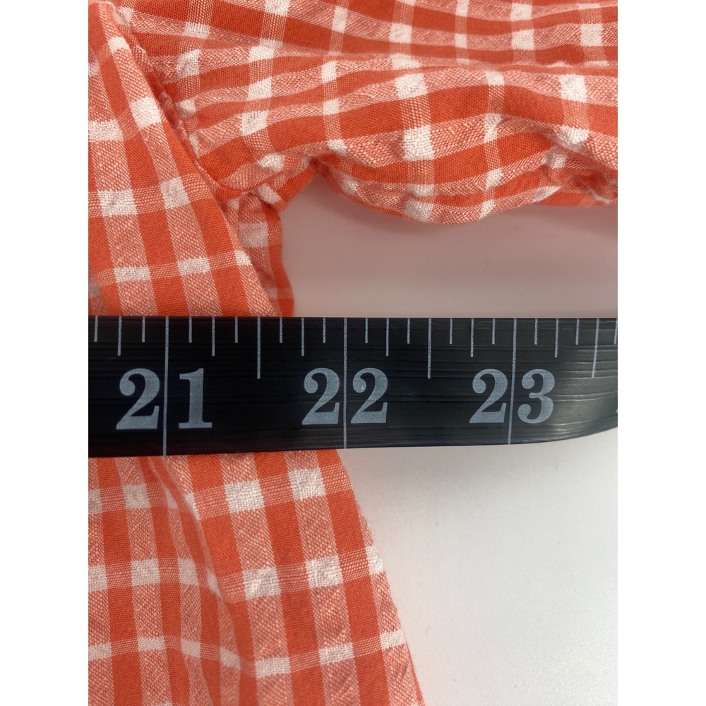St. John's Bay Blouse XL Orange Gingham Puff Sleeve Keyhole Neck Excellent - Picture 4 of 6